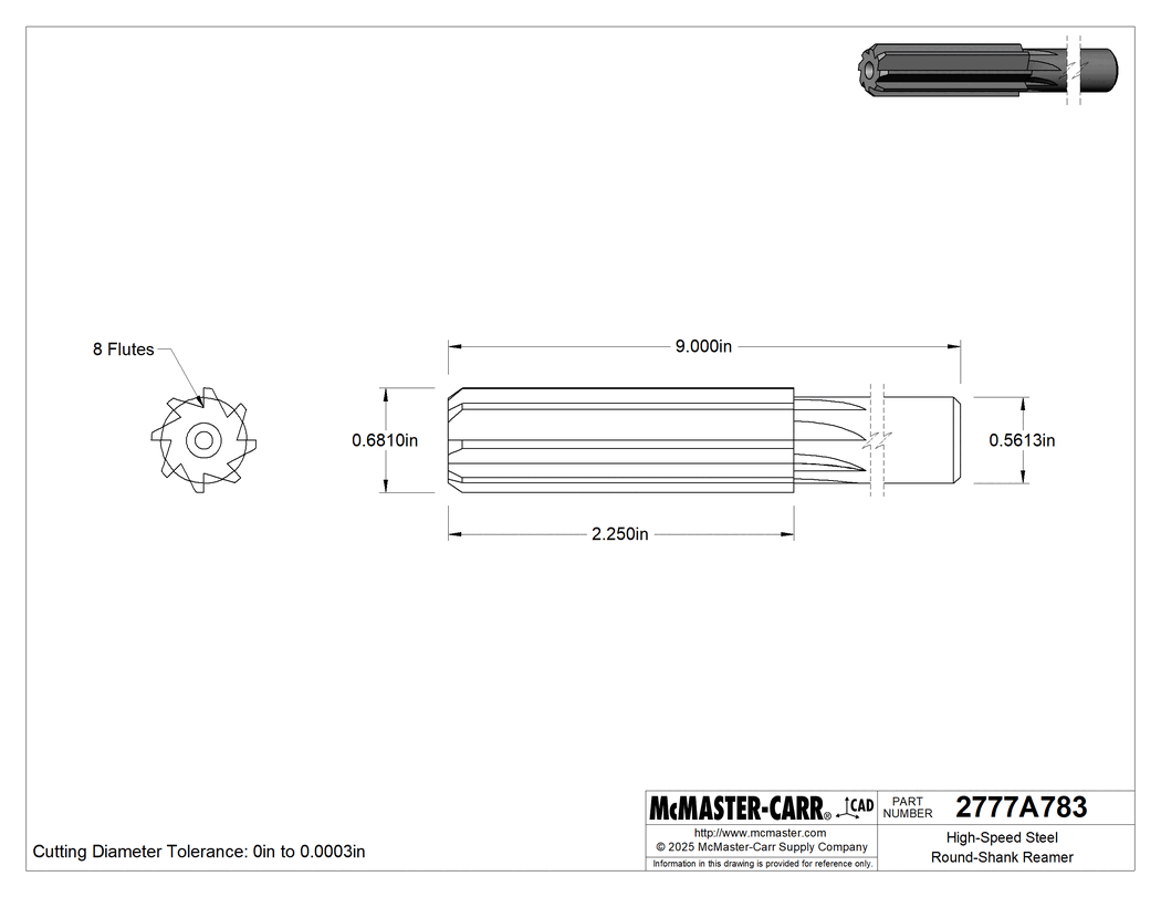 Technical Drawing of High-Speed Steel Round-Shank Reamer, with Straight Flute, 0.6810" Reamer Diameter.